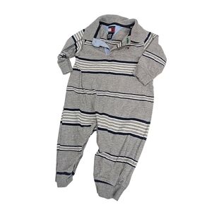 Tommy Hilfiger Baby One-Piece Romper | Gray Striped Long Sleeve Polo Romper 6-12